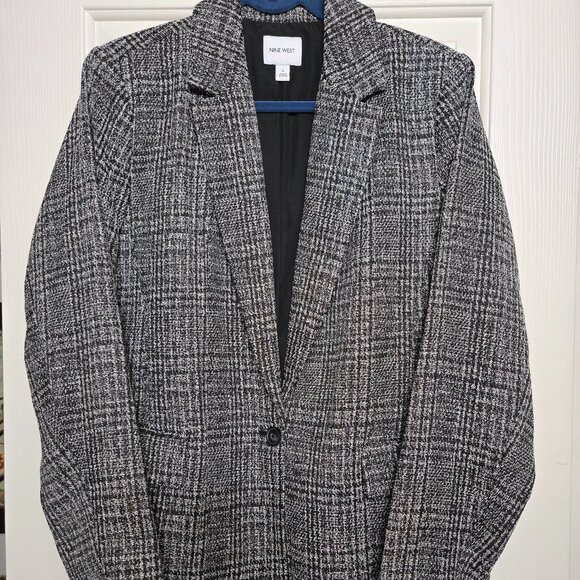 Nine West Gray Plaid Blazer | Women’s Large | Classic One-Button Business Jacket - Picture 1 of 11